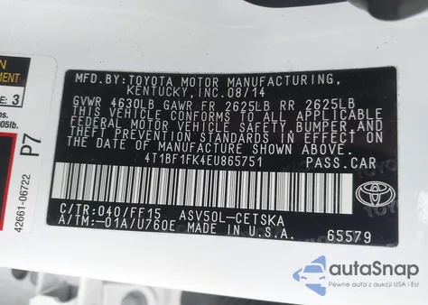 2014 Toyota Camry Se from USA, damaged, VIN 4T1BF1FK4EU865751